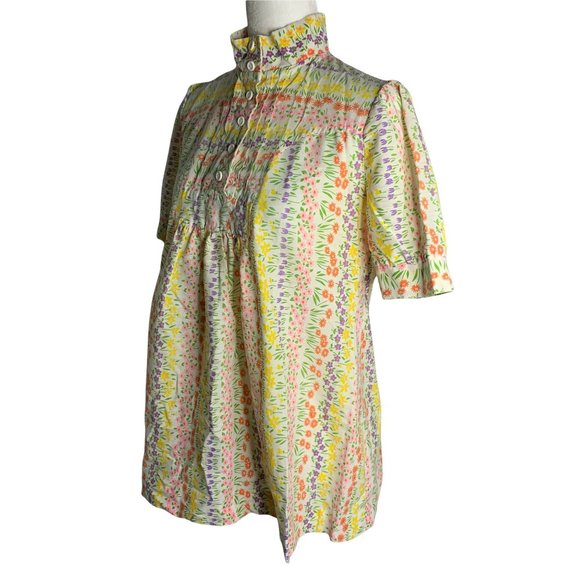 Vintage 70s Rainbow Floral Top S White Buttons Puff Sleeves High Neck - Picture 2 of 6